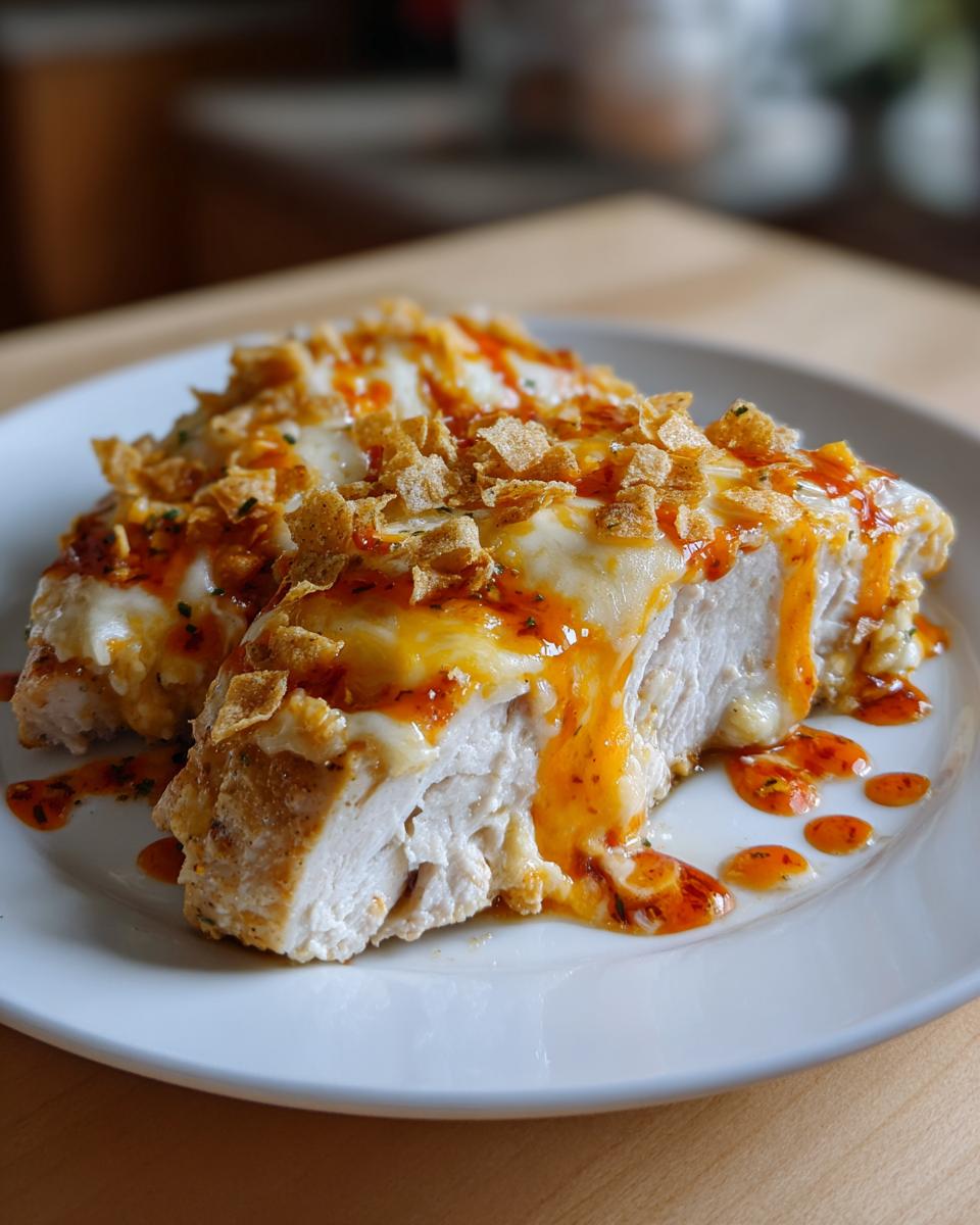 A close-up of sliced Fiesta Lime Chicken topped with melted cheese, spicy orange sauce, and crushed tortilla chips.