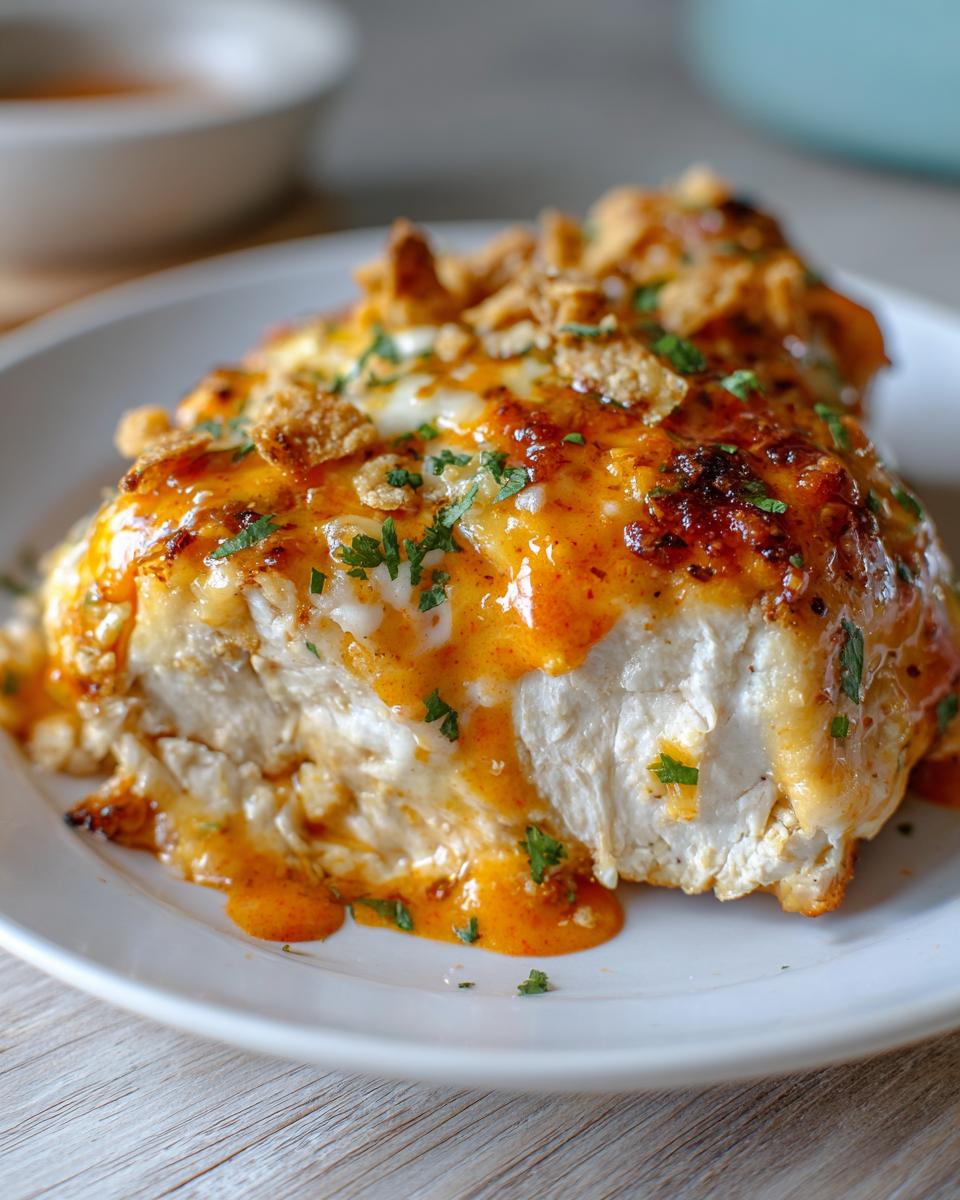 Close-up of a juicy slice of fiesta lime chicken covered in melted cheese and orange sauce, topped with herbs.