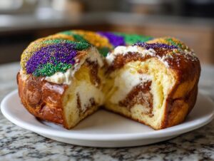 A rich, filled king cake cut in half showing cream cheese and cinnamon swirl filling, topped with purple, green, and gold Mardi Gras sprinkles.