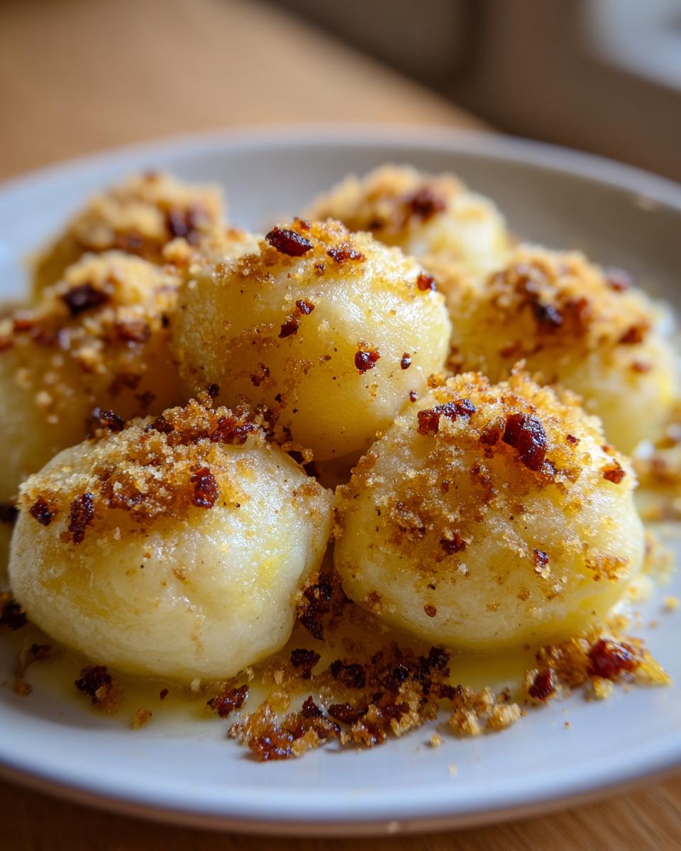 Close-up of several soft potato dumplings served on a plate, generously topped with browned breadcrumbs and butter.