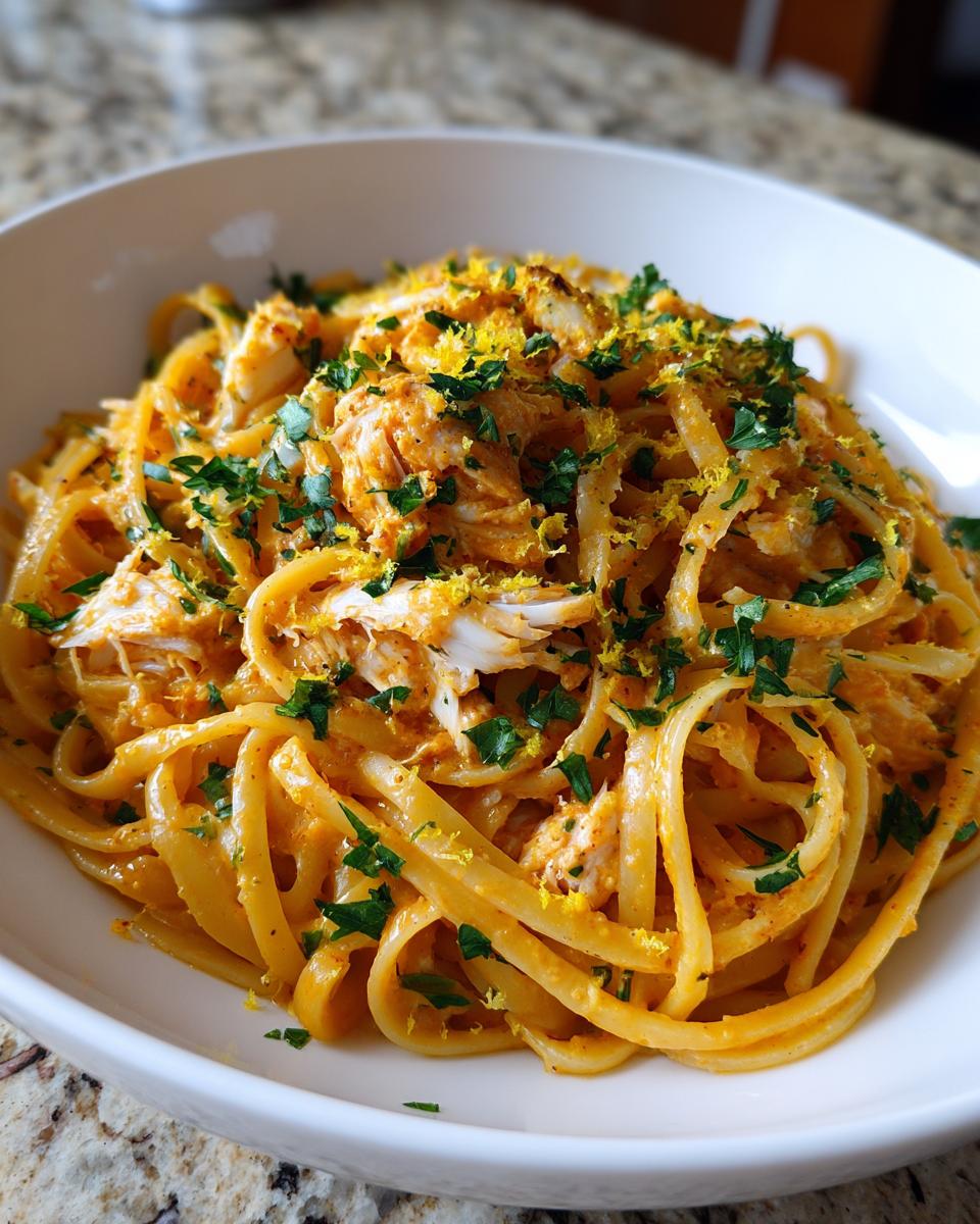 A close-up view of a bowl filled with creamy, orange-hued crab pasta, topped with fresh parsley and lemon zest.