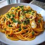 Close-up of creamy, orange-sauced crab pasta topped with generous flakes of white crab meat and fresh chopped parsley.