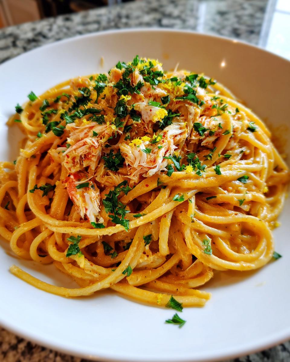 A close-up view of a bowl of creamy crab pasta topped generously with flaked crab meat, fresh parsley, and lemon zest.