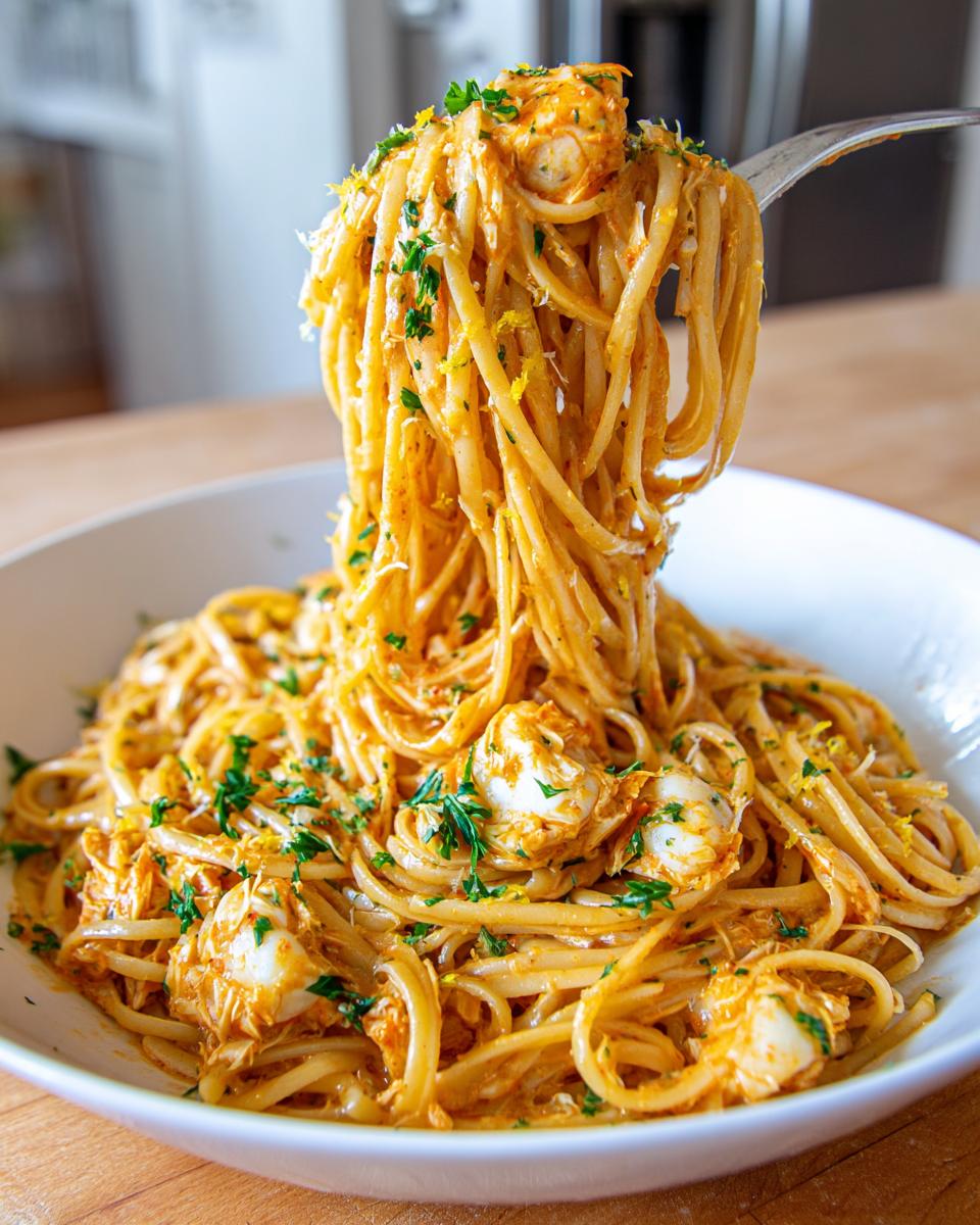 A fork lifts a generous portion of creamy crab pasta, garnished with parsley and lemon zest, from a white bowl.