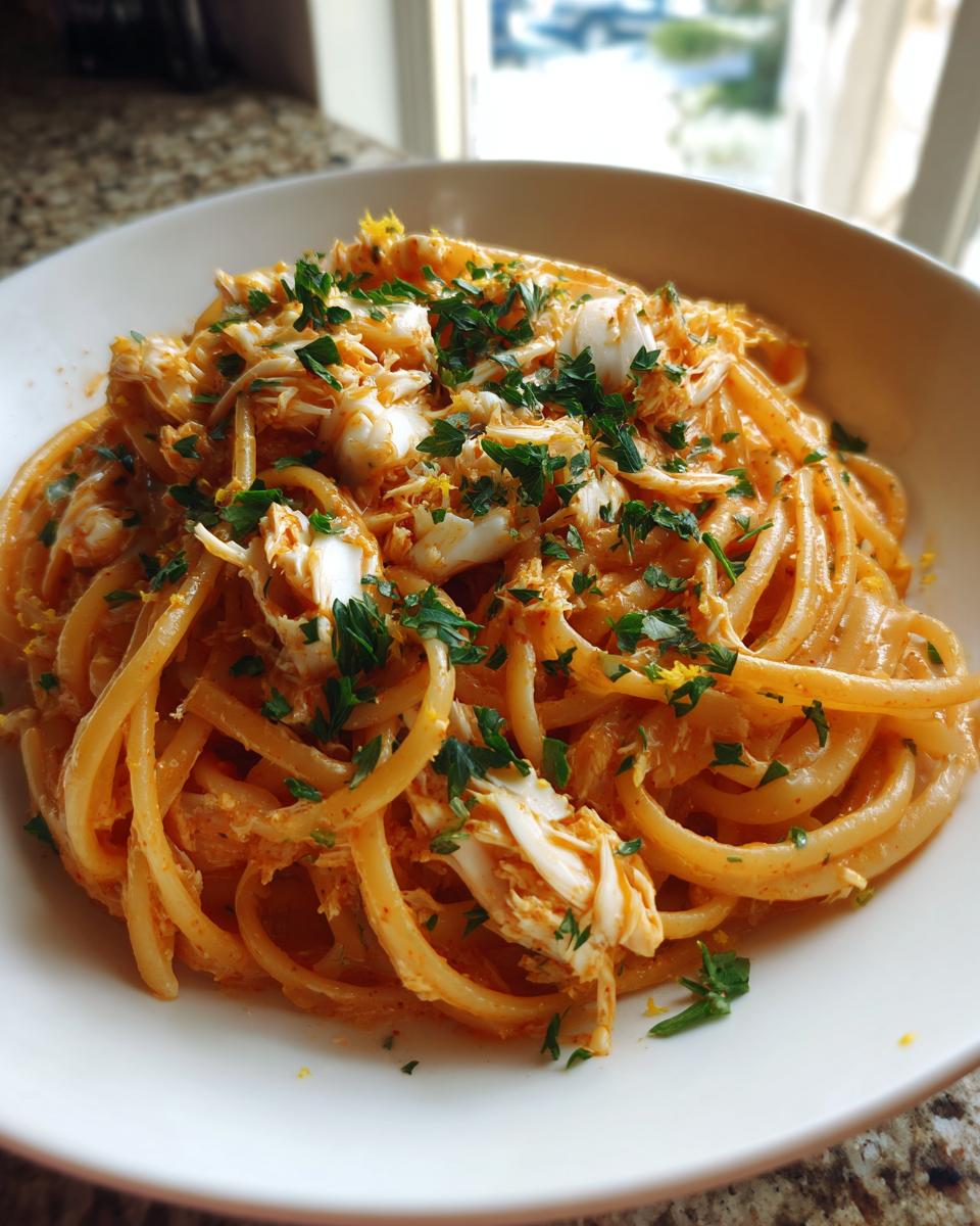 A close-up of creamy, orange-hued crab pasta topped generously with chunks of white crab meat and chopped fresh parsley.