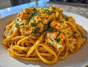 A close-up of a generous serving of creamy, orange-hued crab pasta topped with flaked crab meat and fresh parsley.