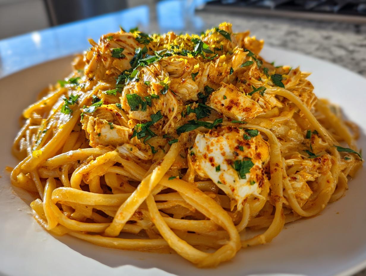 A close-up of a generous serving of creamy, orange-hued crab pasta topped with flaked crab meat and fresh parsley.