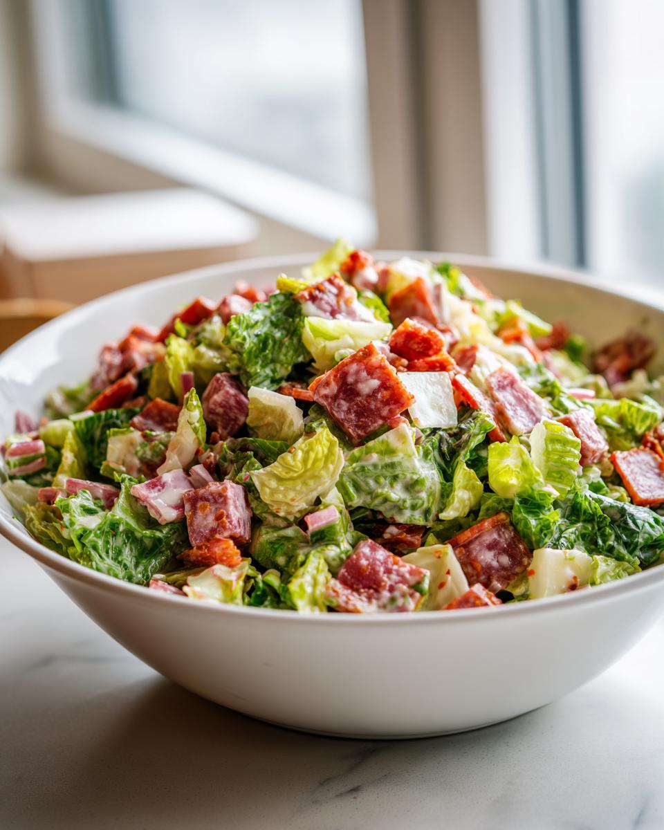 A close-up of a vibrant grinder salad in a white bowl, featuring chopped romaine, cubed meats, and creamy dressing.