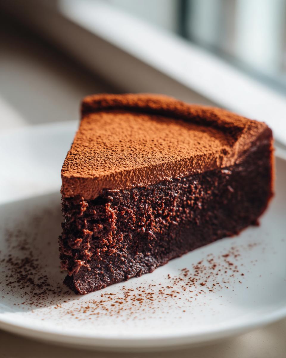 A decadent slice of flourless chocolate torte, dusted heavily with cocoa powder, sitting on a white plate.