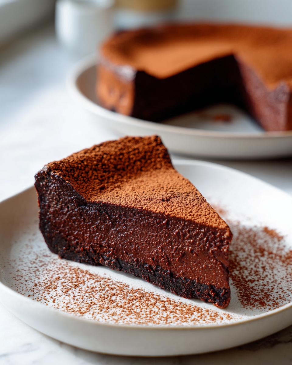 A decadent slice of flourless chocolate torte dusted heavily with cocoa powder, served on a white plate.