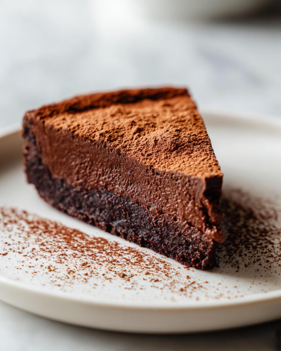 A decadent slice of flourless chocolate torte, featuring a dense base and creamy top, dusted heavily with cocoa powder.