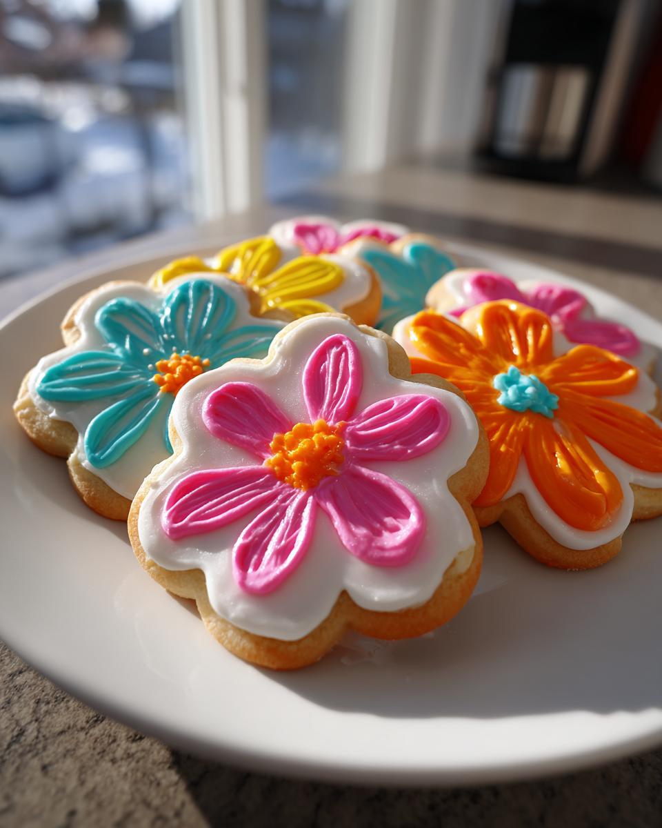 Close-up of flower-shaped sugar cookies decorated with bright, hardened sugar cookie icing in pink, orange, yellow, and blue.