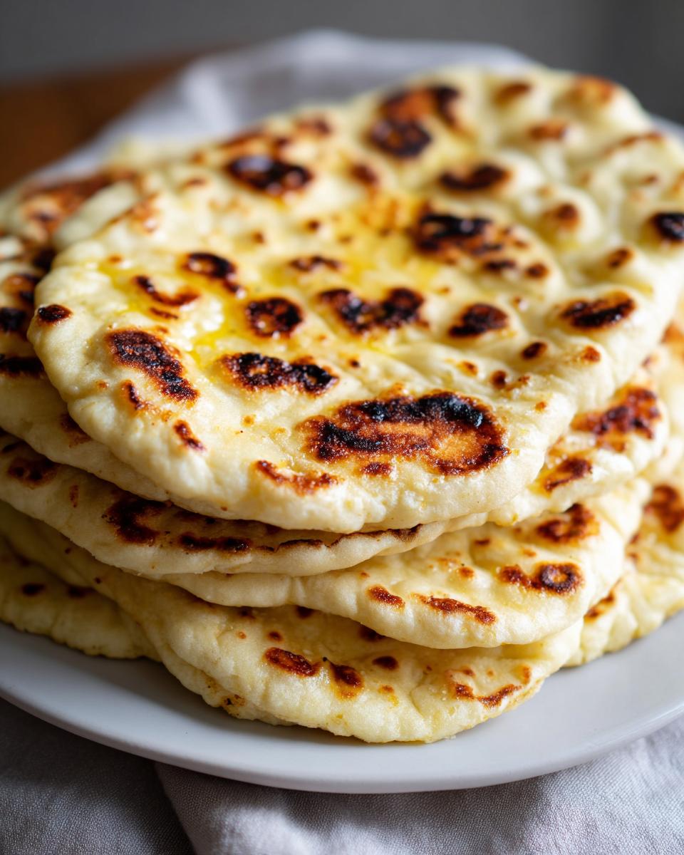 A close-up stack of freshly cooked, soft naan bread brushed with melted butter.