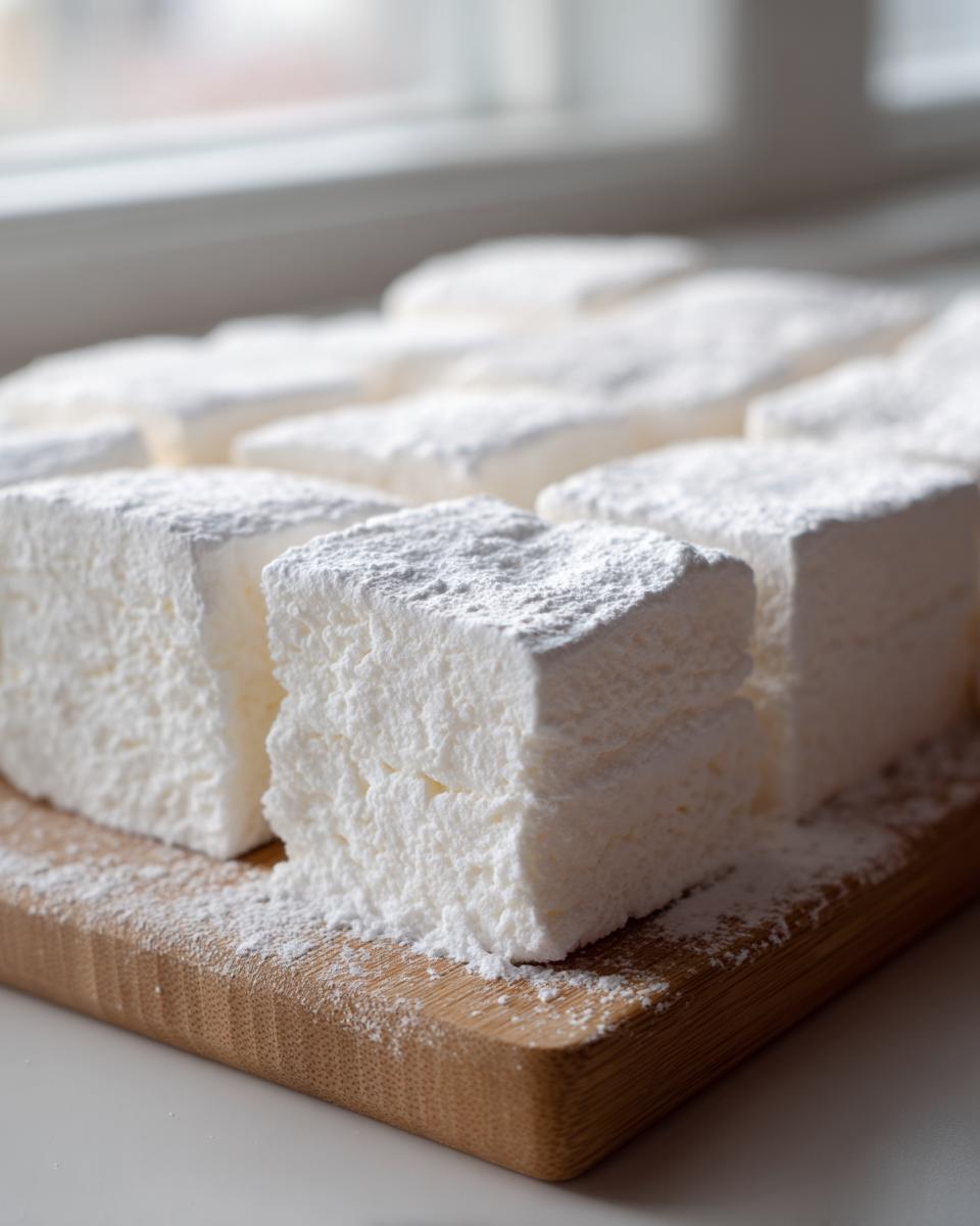 Close-up of thick, fluffy homemade marshmallows dusted heavily with powdered sugar on a wooden board.