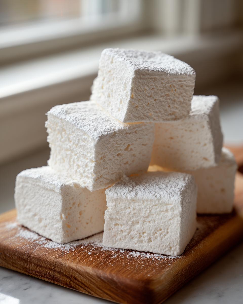 A stack of freshly cut, square homemade marshmallows dusted with powdered sugar on a wooden cutting board.