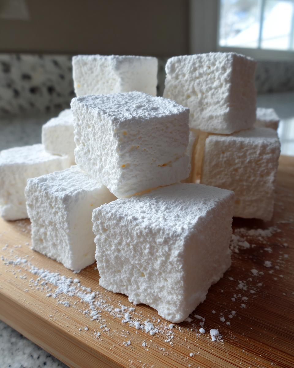 A stack of freshly cut, fluffy homemade marshmallows dusted heavily with powdered sugar on a wooden board.