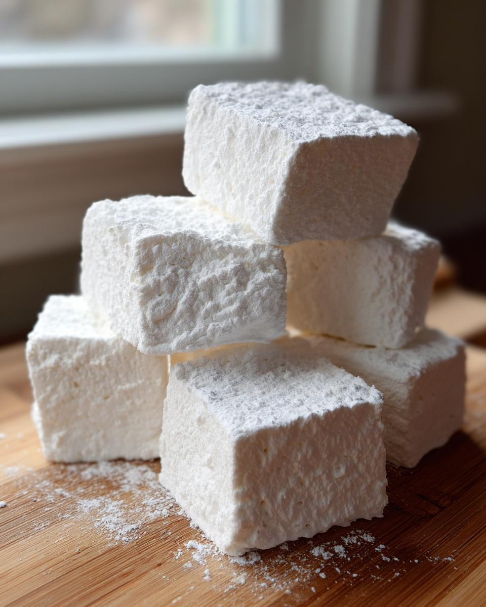 A stack of six large, fluffy, white homemade marshmallows dusted generously with powdered sugar on a wooden cutting board.