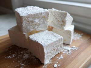 A stack of fluffy, white homemade marshmallows dusted heavily with powdered sugar, resting on a wooden board.