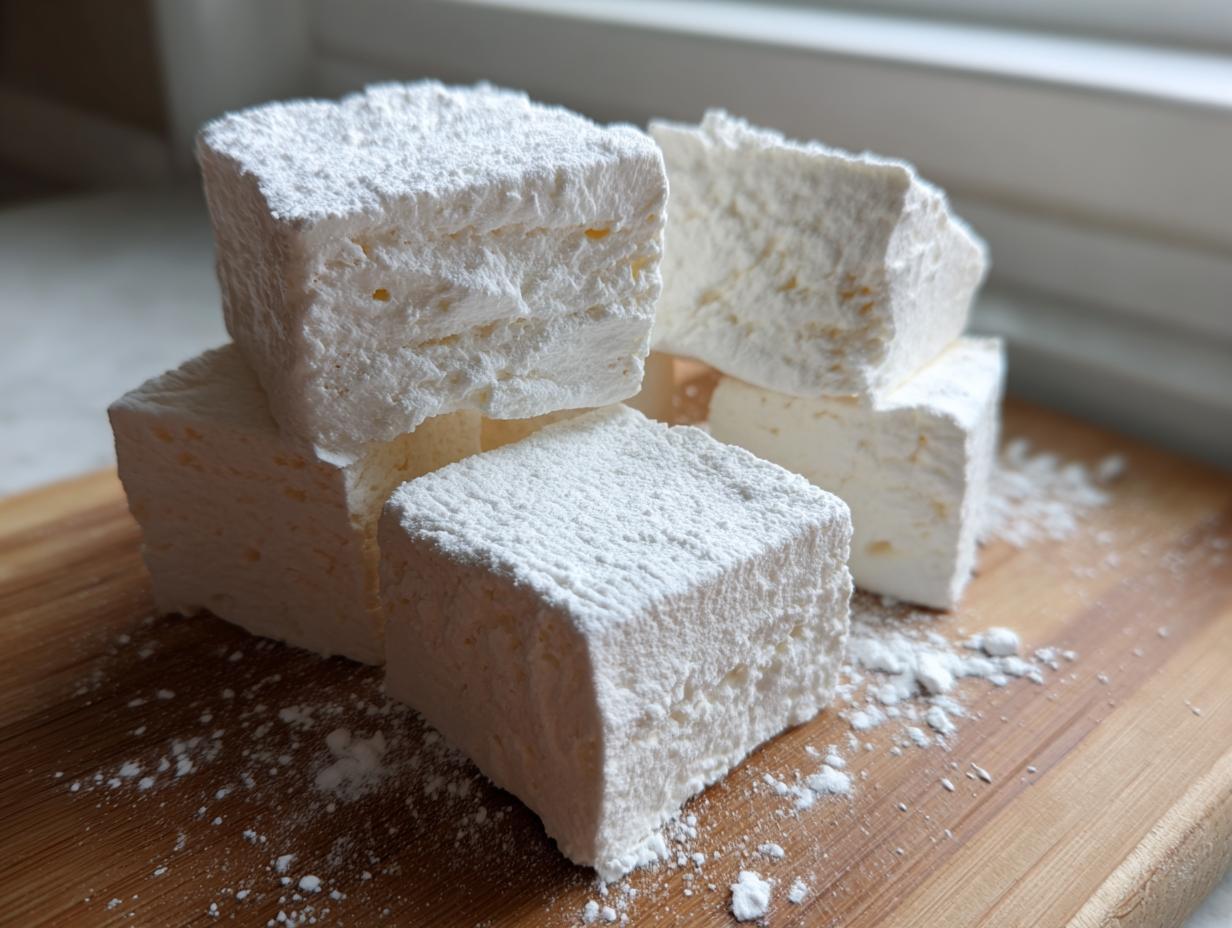 A stack of fluffy, white homemade marshmallows dusted heavily with powdered sugar, resting on a wooden board.
