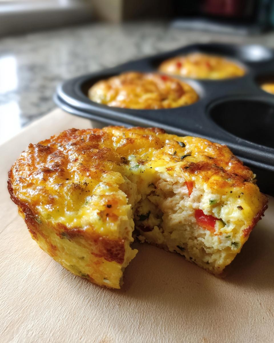A close-up of a fluffy muffin tin egg bite cut in half, showing the texture and ingredients, with the baking tray in the background.