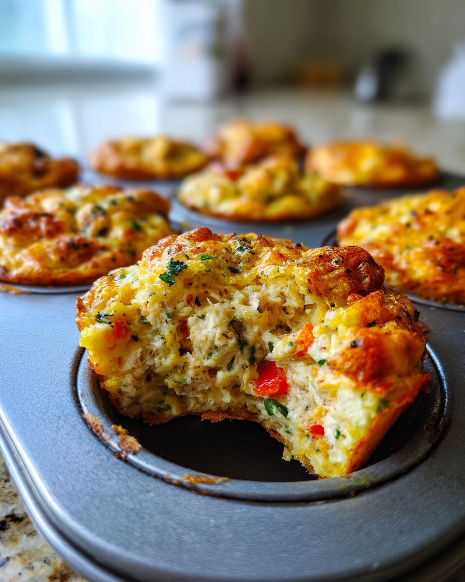 Close-up of a fluffy muffin tin egg bite with a bite taken out, showing texture and red peppers inside.