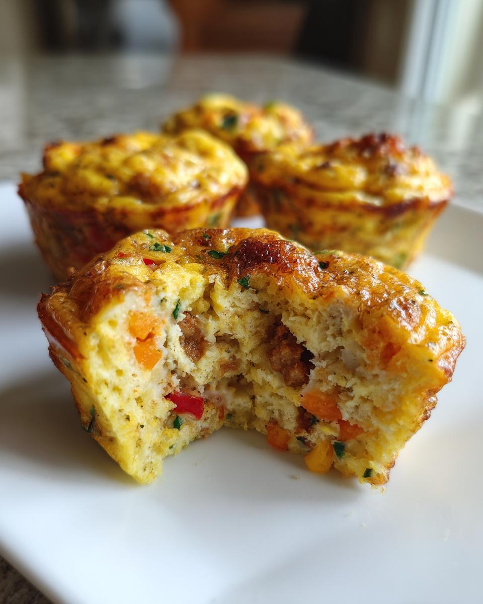 Close-up of a fluffy muffin tin egg bite, bitten into, revealing sausage, carrots, and peppers inside.