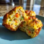 Close-up of fluffy muffin tin egg bites cut in half, revealing colorful diced carrots and green peppers inside the egg mixture.