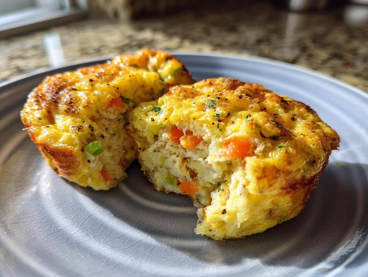 Two fluffy muffin tin egg bites, one cut in half showing visible carrots and green onions inside.