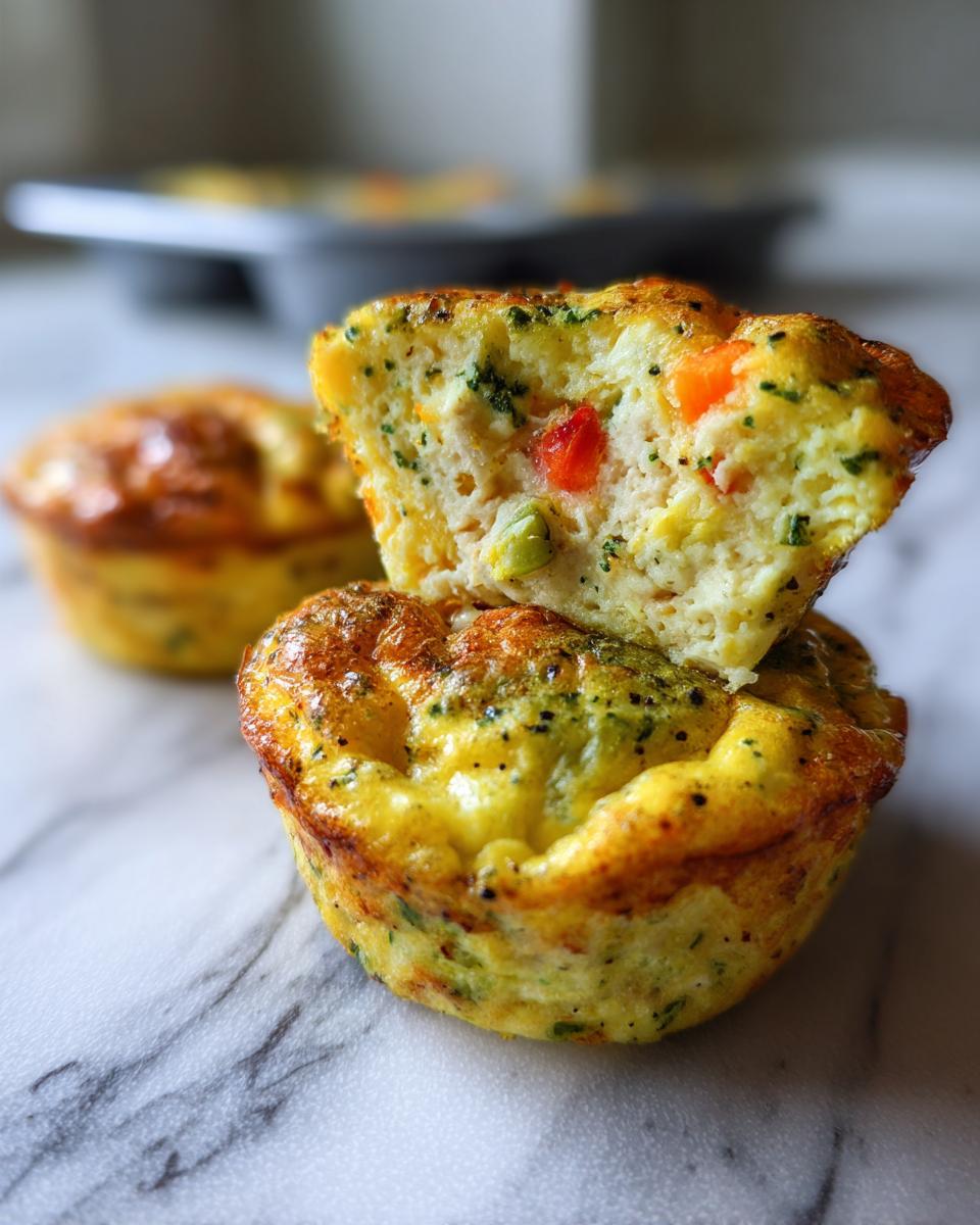 Close-up of fluffy muffin tin egg bites, one cut in half showing vegetables inside.