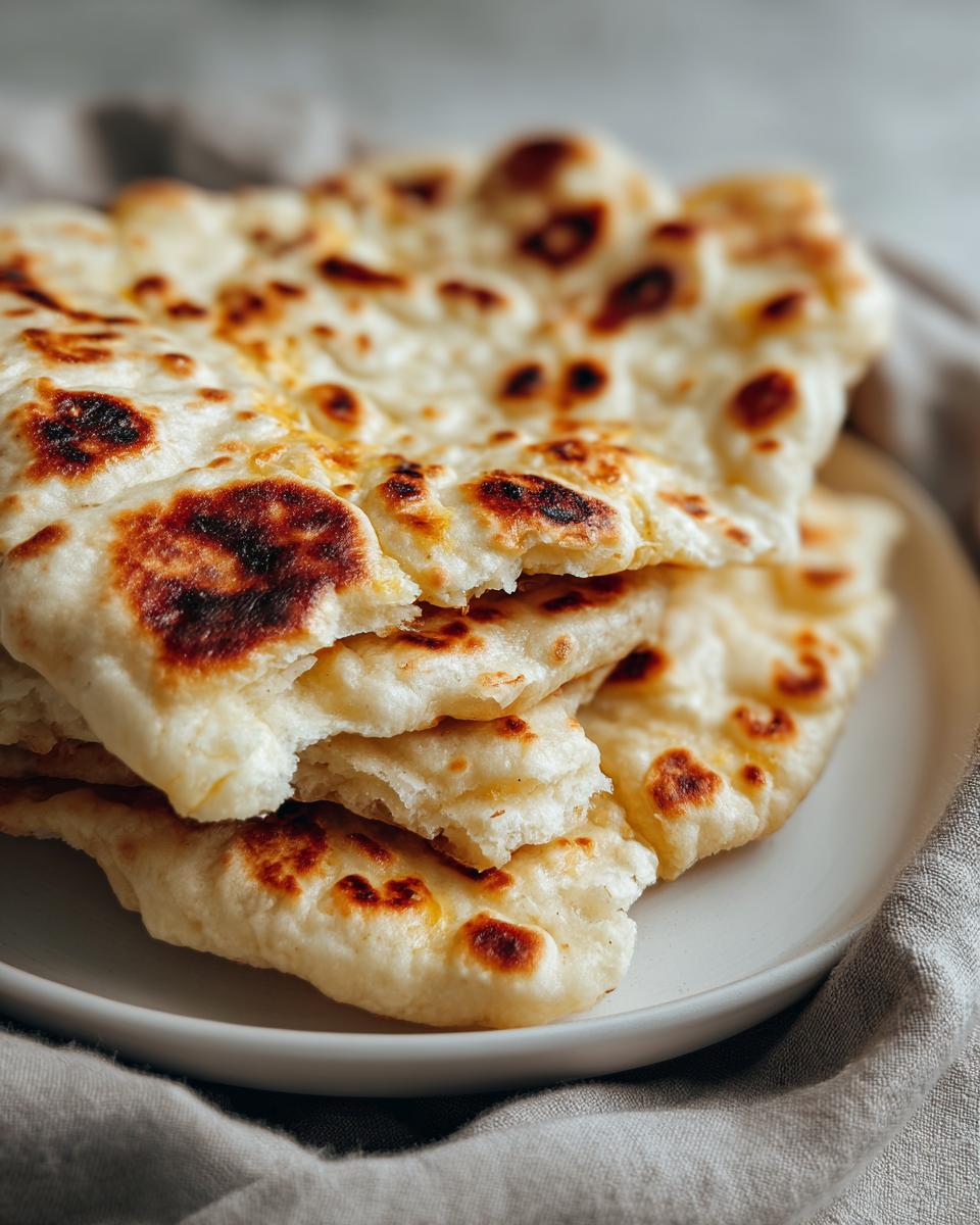 Close-up of a stack of freshly made naan bread with beautiful golden-brown charred spots on a white plate.