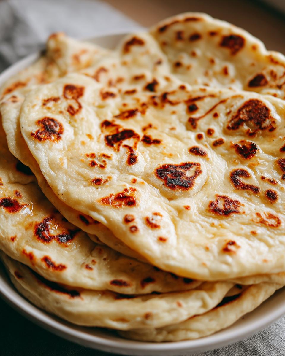 Close-up of a stack of freshly made, soft naan bread showing golden color and dark, blistered spots.