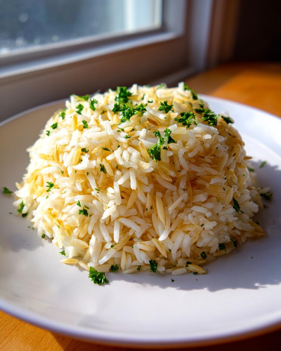 A perfectly mounded serving of fluffy rice pilaf, featuring toasted vermicelli mixed with white rice, garnished with fresh parsley.