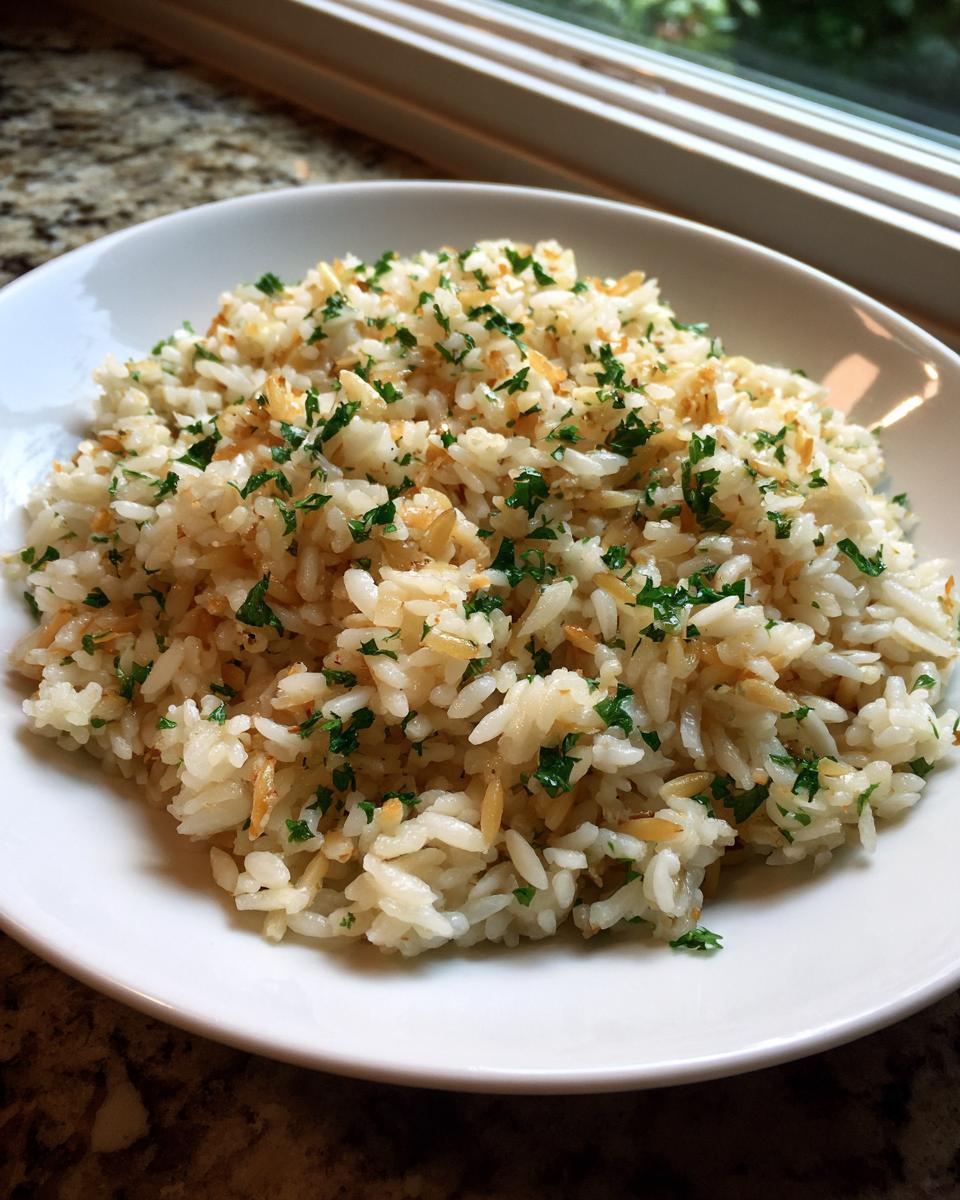 A white bowl filled with fluffy rice pilaf mixed with toasted vermicelli and topped with fresh chopped parsley.