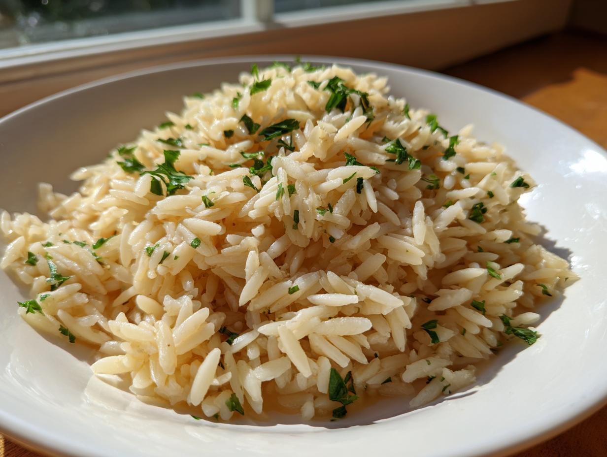 Close-up of a white bowl filled with fluffy, golden rice pilaf garnished with fresh chopped parsley.