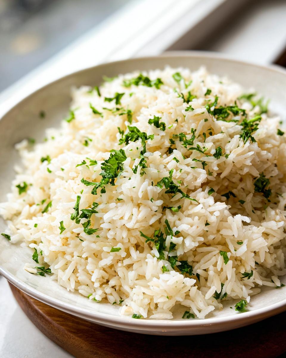 A close-up of a bowl filled with fluffy white rice pilaf, topped generously with chopped fresh parsley.