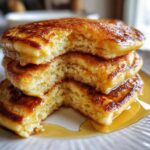 Close-up of a stack of three fluffy sourdough discard pancakes with a bite taken out, drizzled generously with syrup.