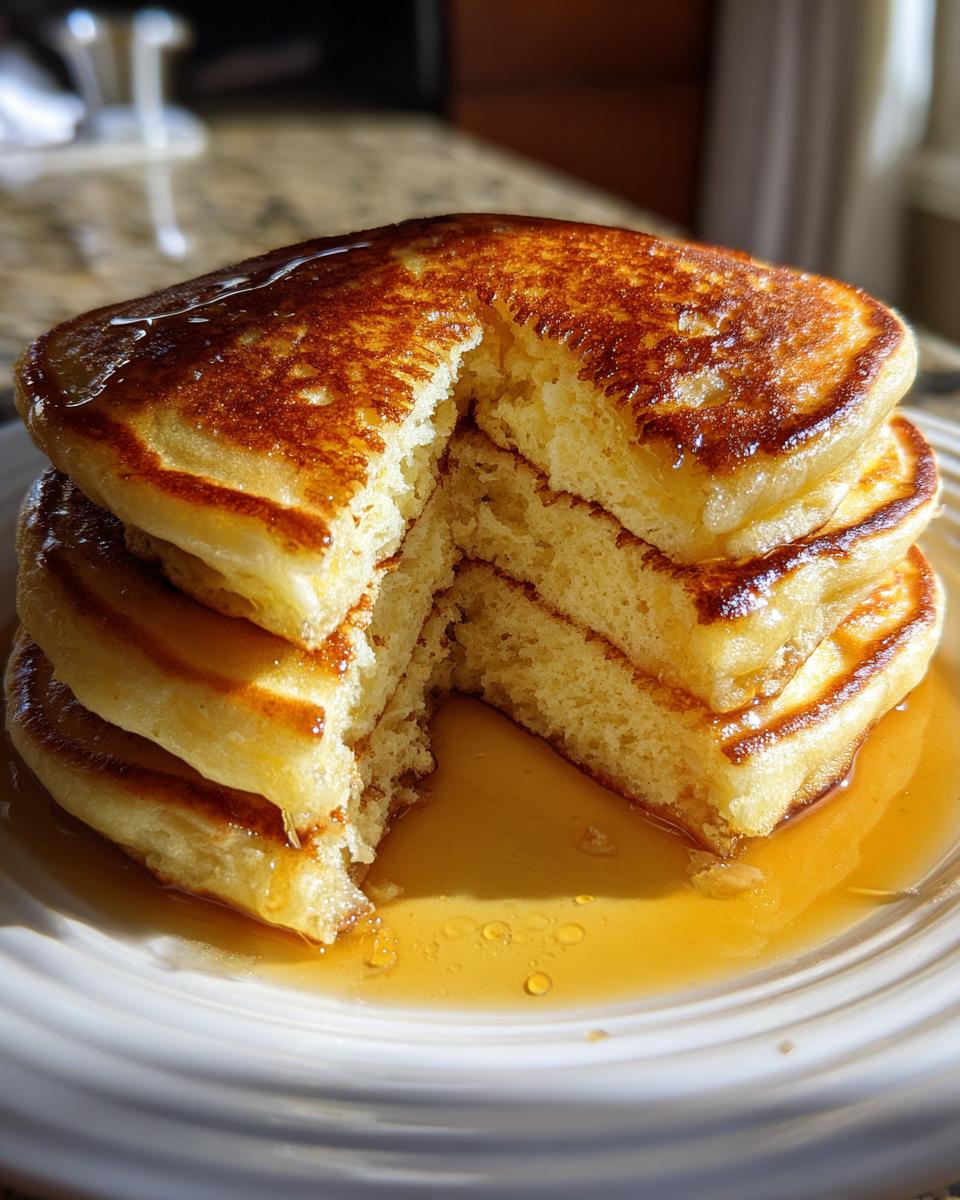 A tall stack of fluffy sourdough discard pancakes with a piece cut out, drenched in golden syrup.