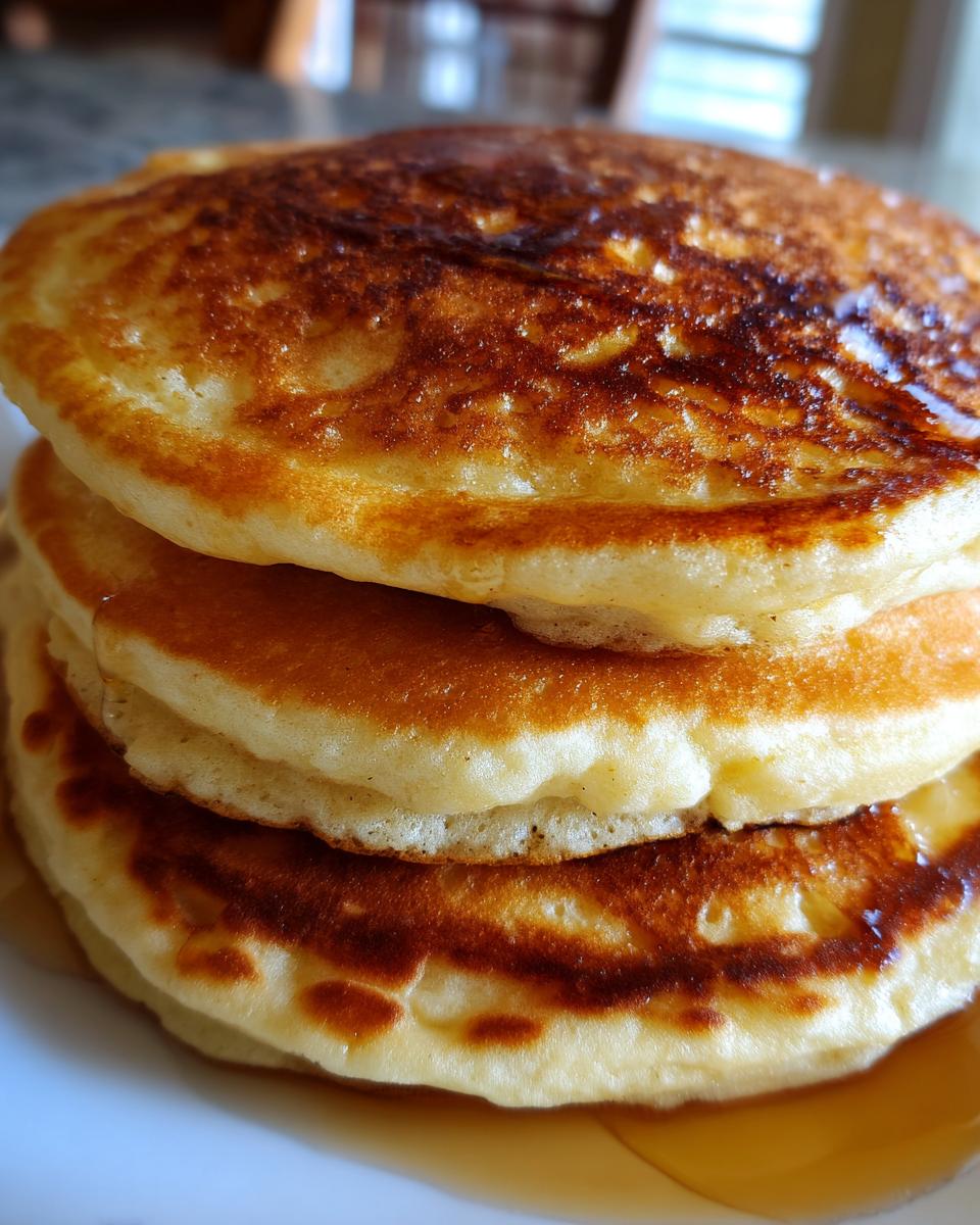 Close-up of a tall stack of three fluffy sourdough discard pancakes drizzled with syrup.