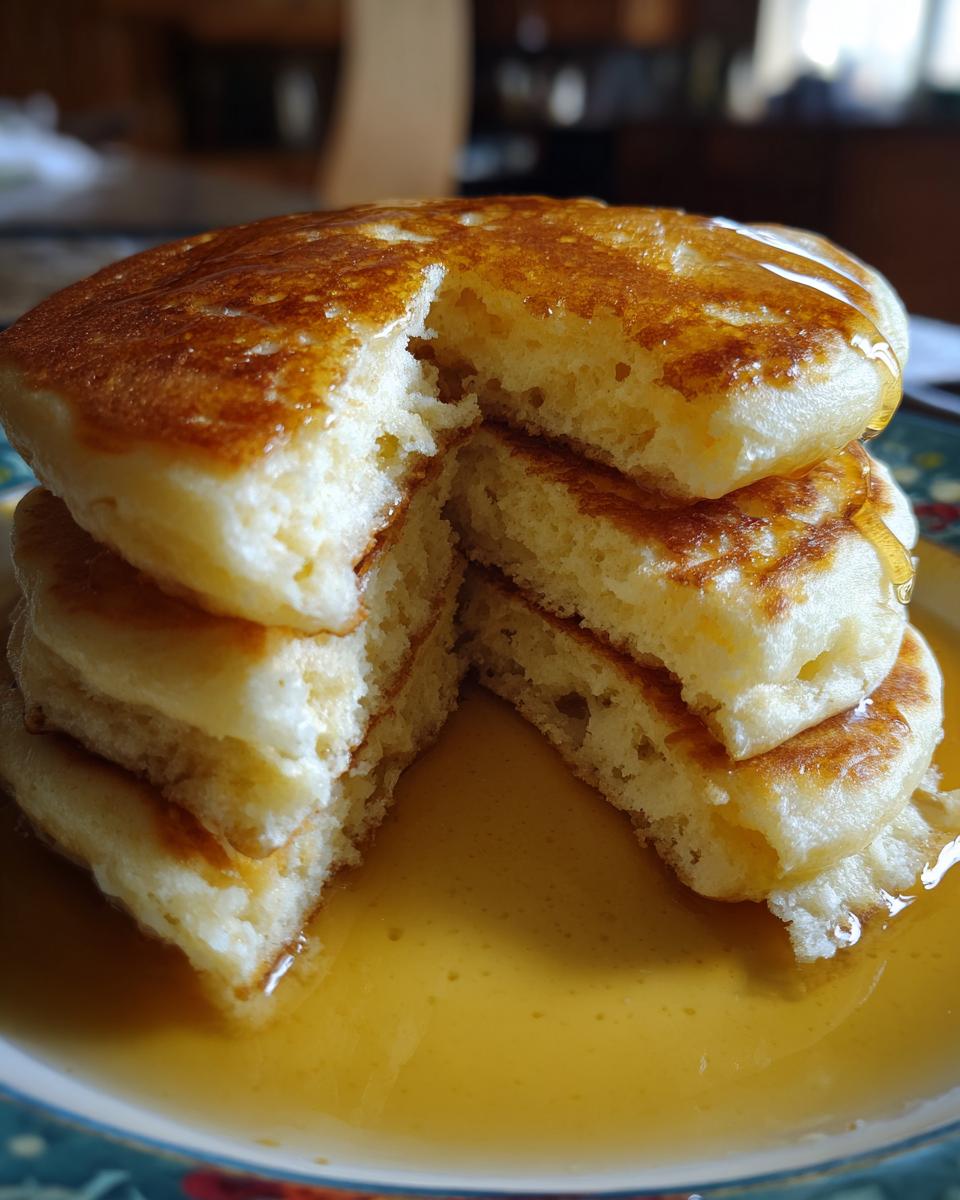 A stack of four fluffy sourdough discard pancakes, cut open to show the airy interior, drenched in golden syrup.