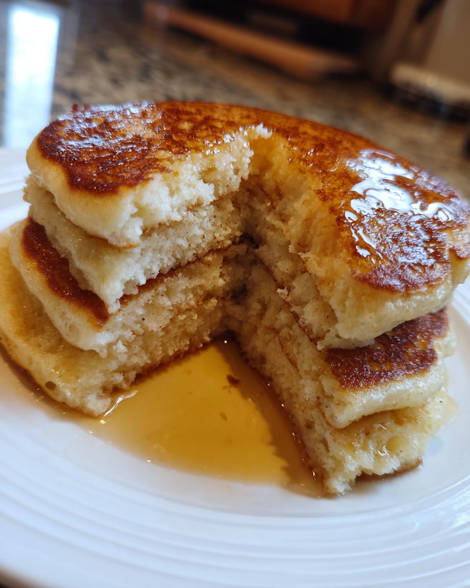 Close-up of a stack of fluffy sourdough discard pancakes with a bite taken out, drizzled with syrup.