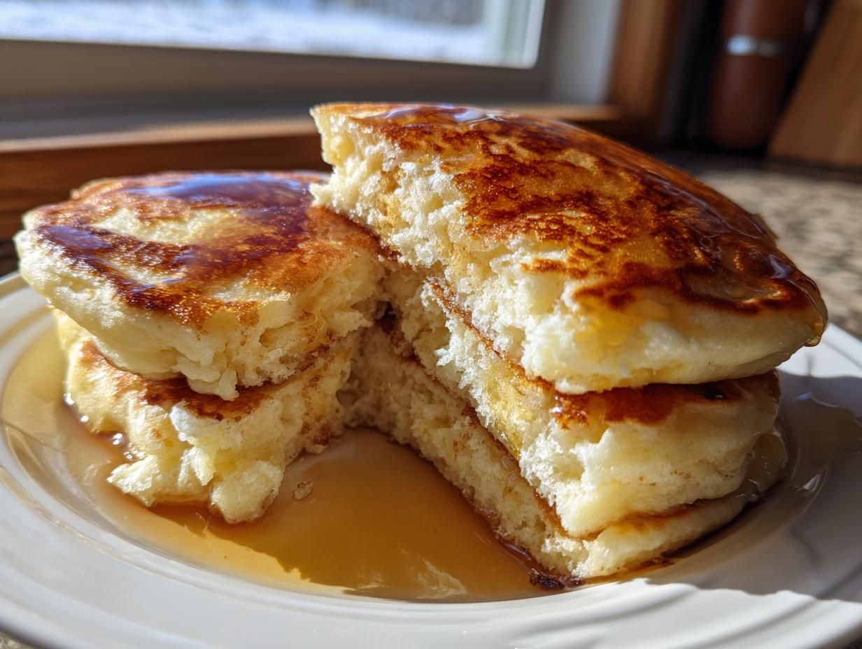 A stack of fluffy sourdough discard pancakes, cut open to show the airy interior, drizzled with maple syrup.
