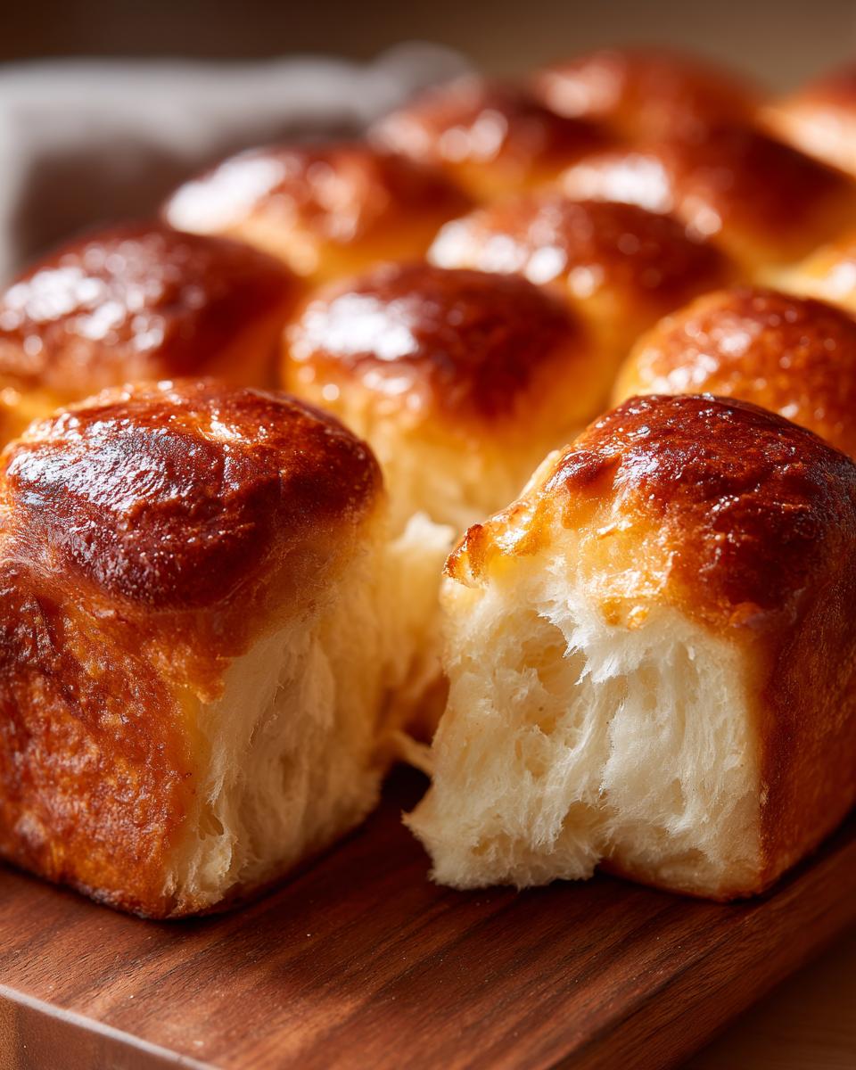 Close-up of soft sourdough discard rolls, one pulled apart showing the fluffy interior and shiny, golden-brown top.