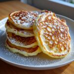 A tall stack of fluffy sourdough pancakes dusted generously with powdered sugar on a white plate.
