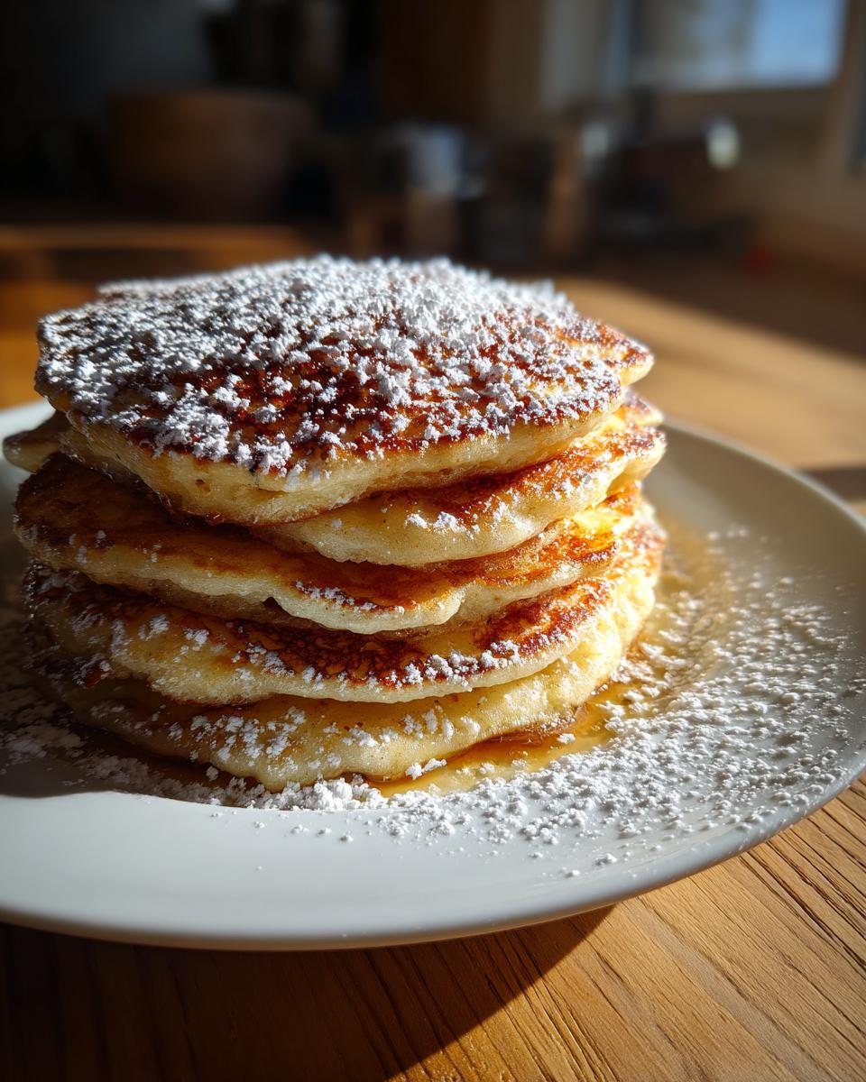 A tall stack of fluffy sourdough pancakes dusted heavily with powdered sugar, sitting on a white plate.