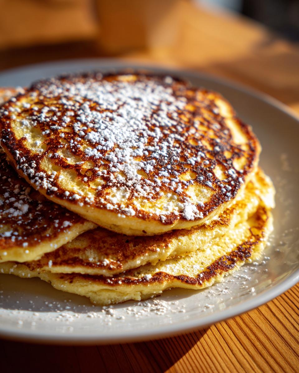 A stack of three golden brown sourdough pancakes dusted generously with powdered sugar.
