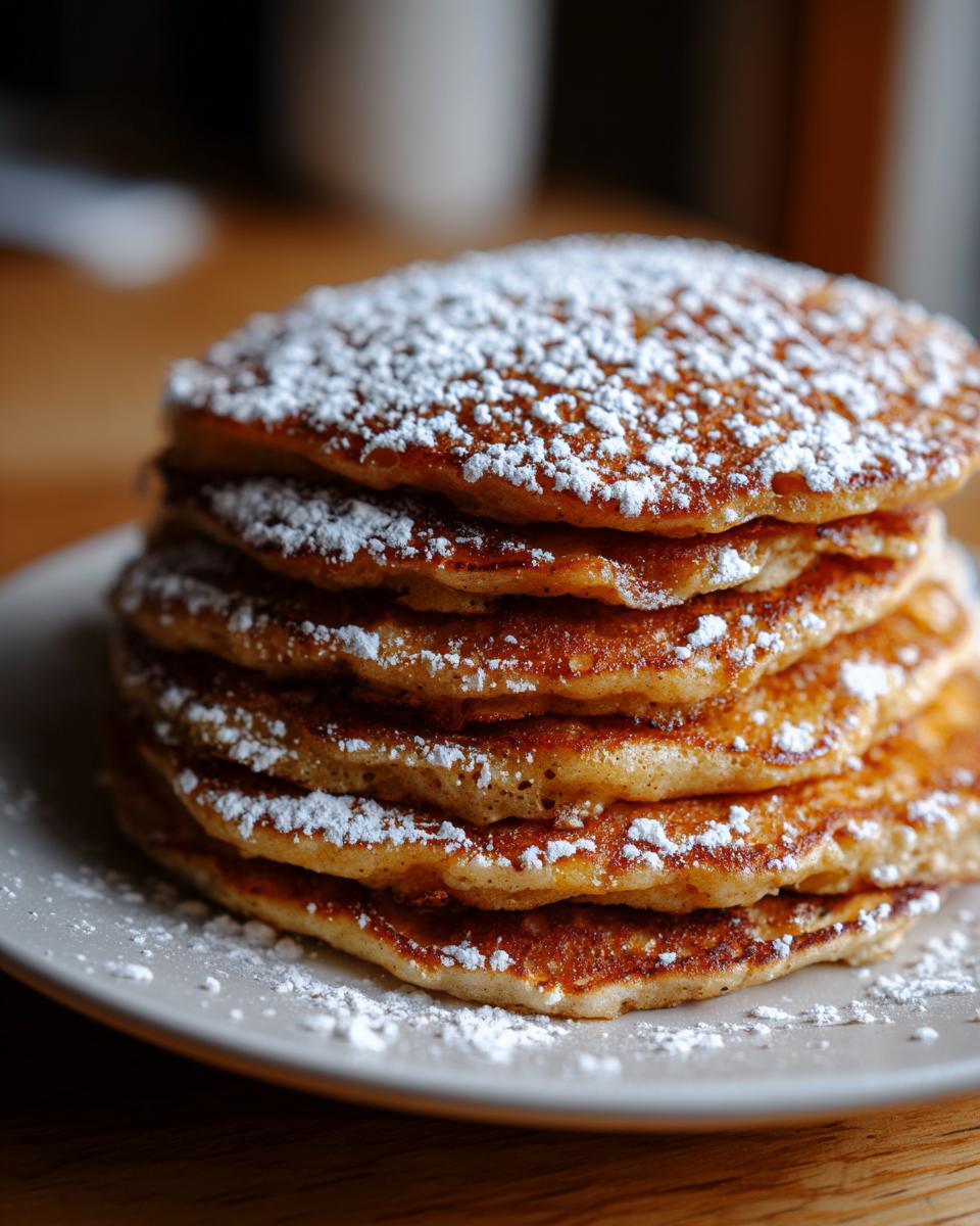 A tall stack of golden brown sourdough pancakes generously dusted with white powdered sugar on a light plate.