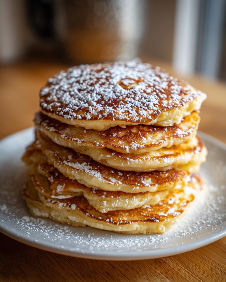 A tall stack of six fluffy sourdough pancakes dusted generously with powdered sugar on a light plate.