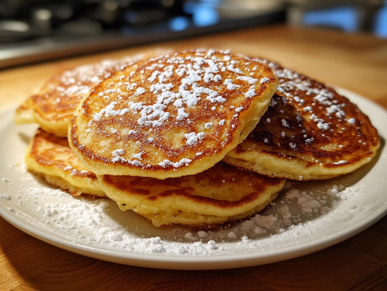 A stack of golden brown, fluffy sourdough pancakes dusted generously with white powdered sugar on a white plate.
