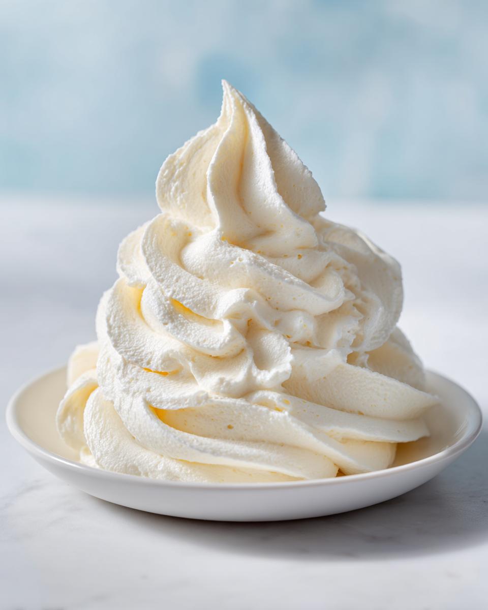 A tall, perfectly piped swirl of fluffy vanilla buttercream frosting served in a small white bowl.