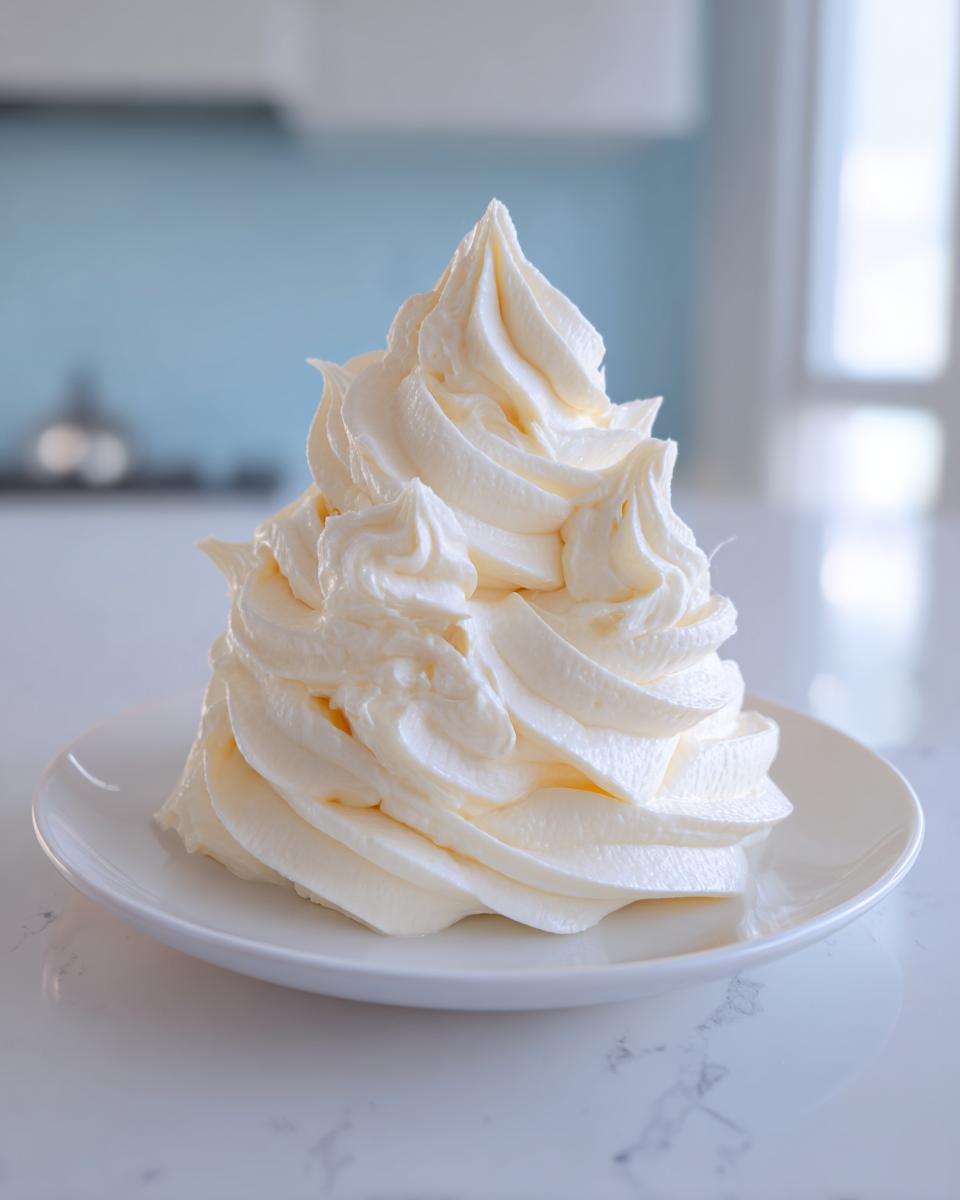 A tall, perfectly piped swirl of fluffy vanilla buttercream frosting sitting on a small white plate.